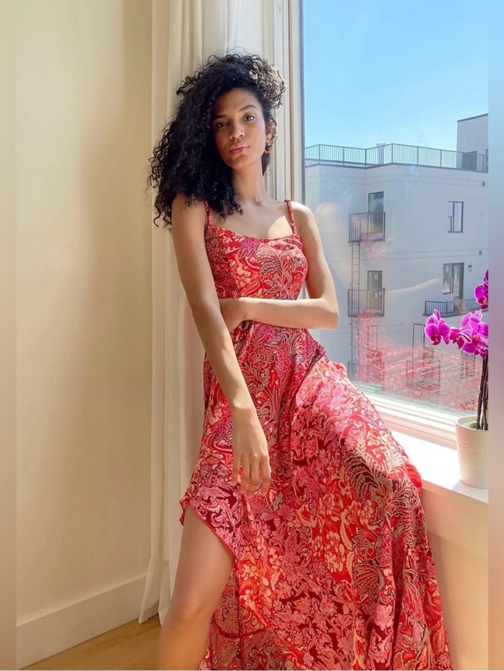 Intimately FREE PEOPLE red paisley RUFFLE HEM  smocked slip dress MEDIUM